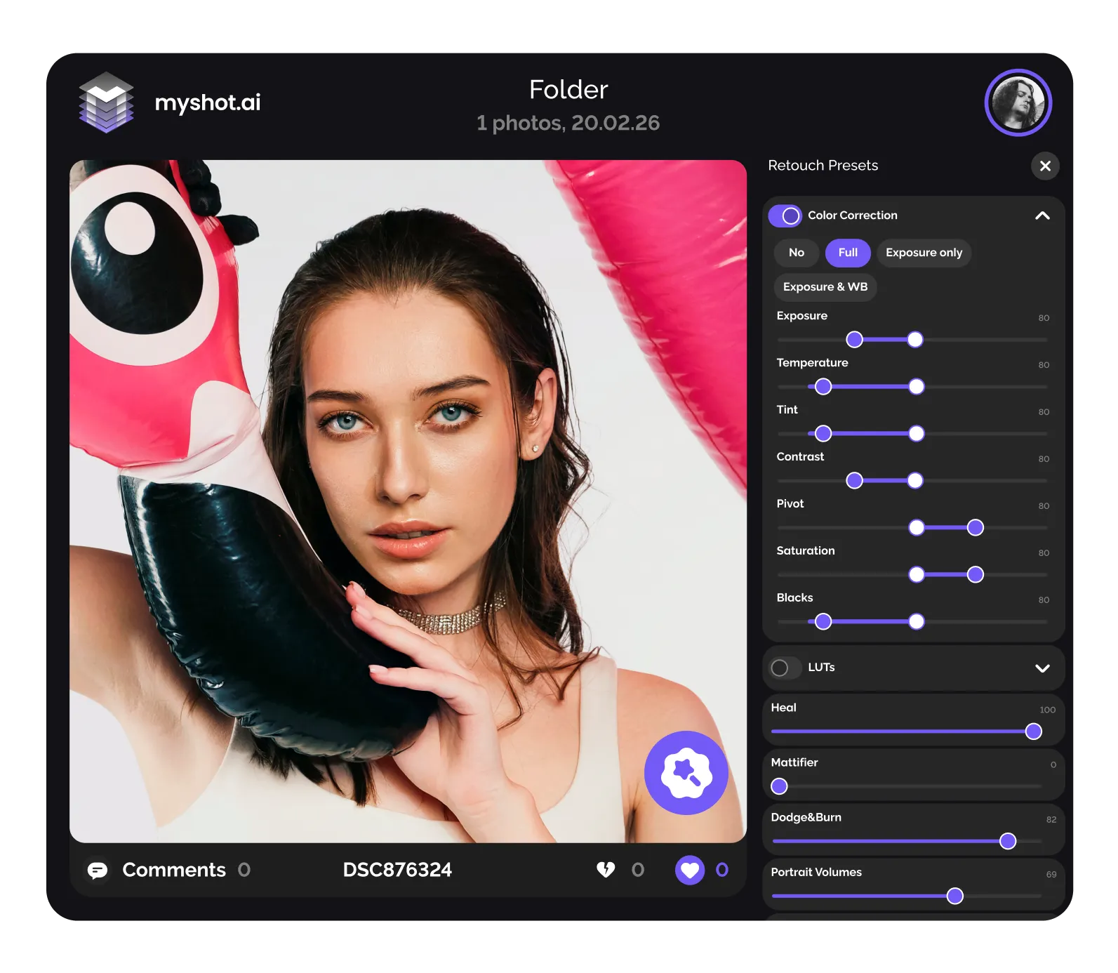 Retoque de fotos com IA em álbum na nuvem — retoque automático MyShot